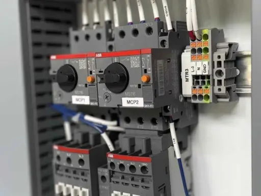 Panneau électrique avec contacteurs ABB. La fonction contacteur est visible sur les dispositifs MCP1 et MCP2.