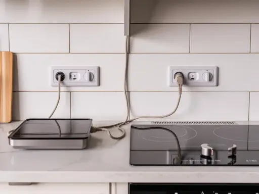 Prises électriques murales, une pour une plaque vitrocéramique, l'autre pour un appareil de cuisson portable. Le disjoncteur est visible sur la prise de la plaque.
