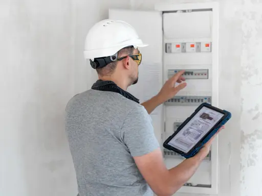 Un technicien en casque blanc consulte un schéma électrique sur sa tablette, devant un tableau de disjoncteurs. Il supervise l'installation électrique d'un nouveau gtl logement.