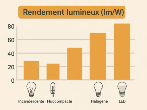 Graphique comparant le rendement lumineux des ampoules. Les LED, avec une consommation led 12v, offrent le meilleur rendement.