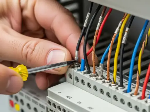 Main électrique en cours, un tournevis serre un fil sur un section cable.