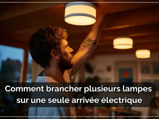 Schéma branchement 2 lampes 1 interrupteur. Un homme installe des luminaires au plafond, illustrant comment connecter plusieurs lampes à une seule arrivée électrique.