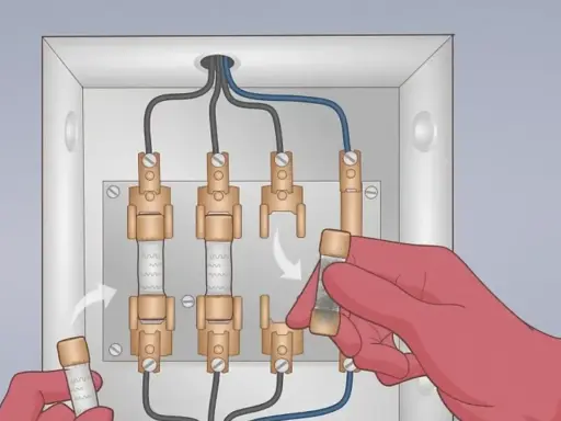 Main électrique avec fusibles. Une main gantée insère un fusible, illustrant le branchement d'un ampèremètre.