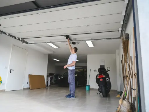 Un homme ajuste le moteur de la porte de garage électrique. Un scooter et des outils sont garés à proximité.