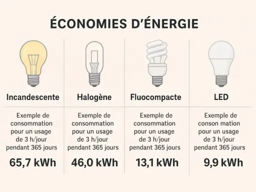 Comparaison de la consommation d'énergie des ampoules : incandescente, halogène, fluocompacte et LED. La LED offre la meilleure efficacité énergétique.