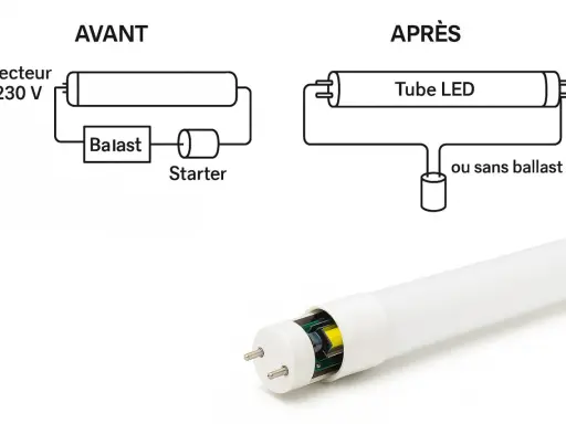 Schéma avant/après : un tube fluorescent avec ballast et starter, puis un tube LED sans ballast. L'électricité est simplifiée.