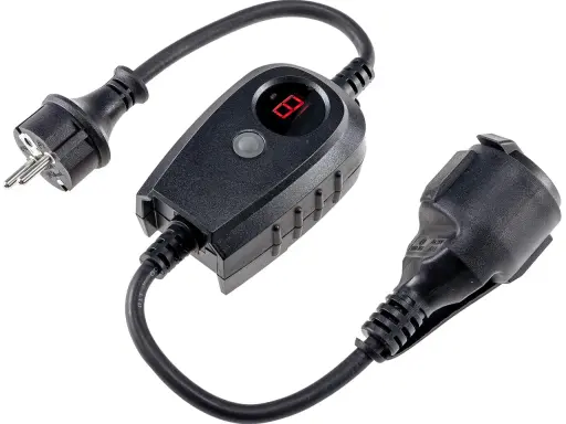 Un interrupteur crépusculaire avec un écran LED rouge et des prises européennes. Idéal pour automatiser l'éclairage extérieur.