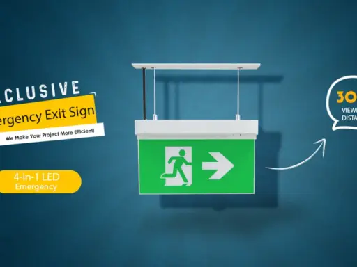 Lampe de secours verte avec symbole de sortie, idéale en cas de coupure de courant. Visibilité 30m.