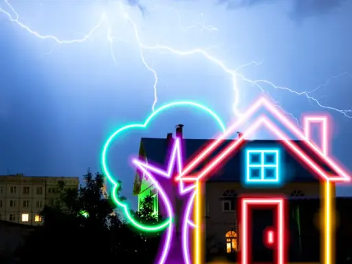 Orage violent avec éclairs au-dessus d'une maison. Un paratonnerre sur le toit protège la demeure.