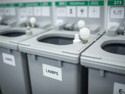 Des bacs de recyclage gris sont alignés, certains marqués "LAMPS". Des ampoules sont posées sur le dessus, indiquant où jeter les ampoules usagées.