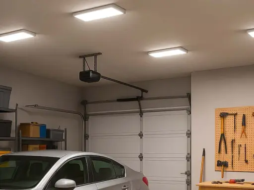 Quel éclairage pour un garage ! Quatre panneaux lumineux éclairent un garage bien rangé avec une voiture, des étagères de rangement et un panneau d'outils.