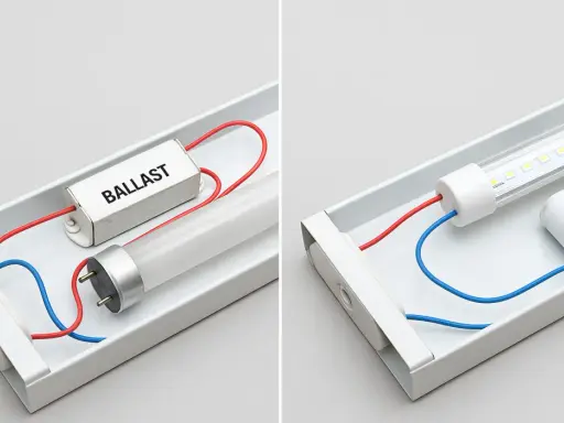 Comparaison : tube fluorescent avec ballast vs tube LED. Faut-il un starter pour un tube LED ? Non, le tube LED n'en a pas besoin.