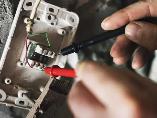 Mains électriques sous tension, un technicien vérifie un fusible qui chauffe avec un multimètre.