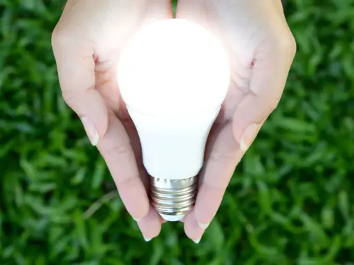 Mains de femme tenant une ampoule flamme torsadée lumineuse, symbole d'une idée brillante et d'énergie verte.