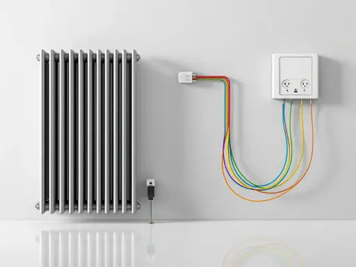 Radiateur électrique argenté relié par des câbles colorés à une prise murale. L'alimentation du radiateur électrique est assurée par ce système.