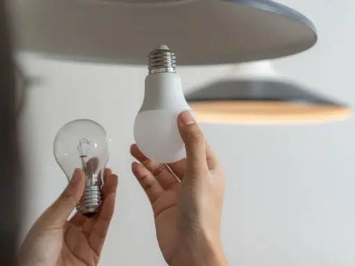Une ampoule sans électricité, une ampoule LED moderne et une main tenant les deux, prête à remplacer l'ancienne.