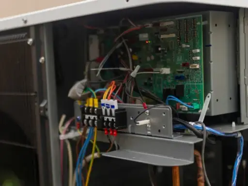 Vue rapprochée des composants internes d'une pompe à chaleur, incluant la carte électronique et le disjoncteur.