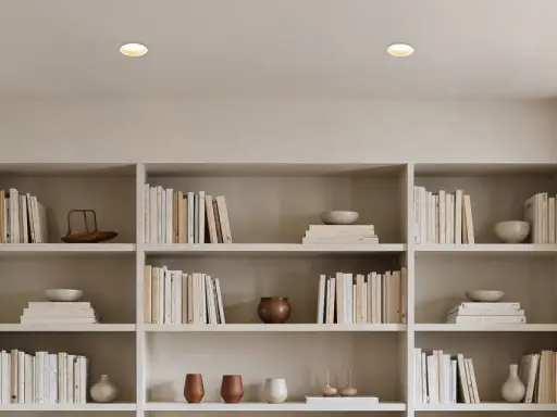 Éclairage discret d'un faux plafond avec spots encastrés, illuminant des étagères remplies de livres et d'objets décoratifs.