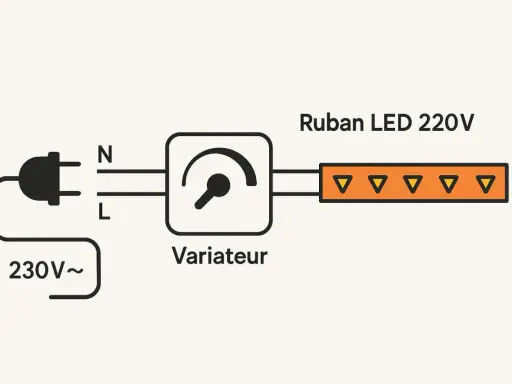 Schéma montrant comment installer un variateur de lumière sur un ruban LED 220V. Le montage comprend une prise, un variateur et le ruban LED.