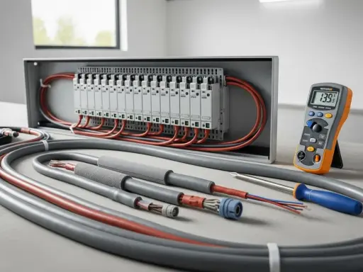 Installation électrique : section câble entre compteur et tableau, avec multimètre et outils.