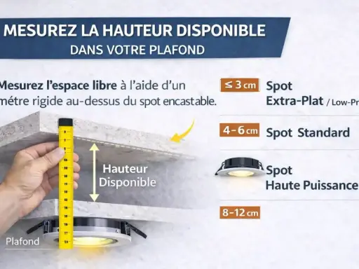 Mesure de la hauteur minimum faux plafond pour spot. Un mètre mesure l'espace disponible au-dessus d'un spot encastré.