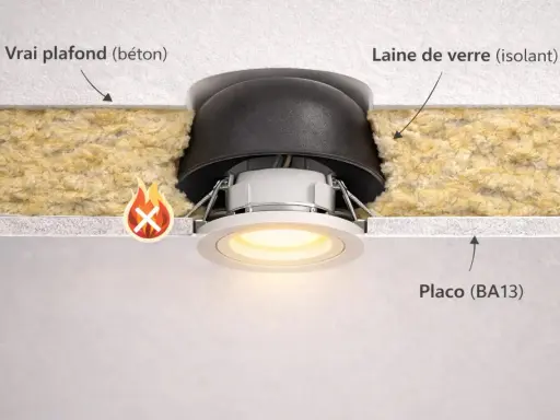 Détail d'un spot encastré dans un plafond Placo, avec isolant en laine de verre. Attention au risque d'incendie si mal installé.