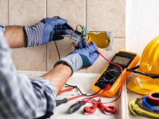 Un électricien vérifie un circuit électrique avec un multimètre. Des outils et un casque de sécurité sont visibles.