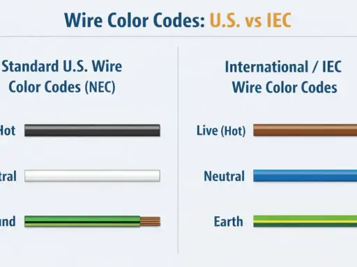 Comparaison des codes de couleur fil électrique : US (noir, blanc, vert) vs IEC (marron, bleu, vert/jaune).
