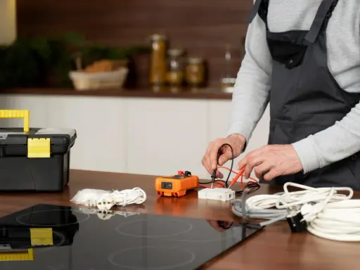 Un technicien vérifie un fusible pour plaque induction avec un multimètre. Outils et câbles à proximité.