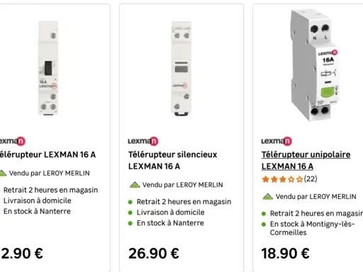 Trois télérupteurs LEXMAN 16 A, pour gérer l'éclairage à distance. Découvrez à quoi sert un télérupteur.