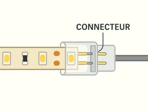 Connexion d'un ruban LED avec un connecteur pour branchement direct.
