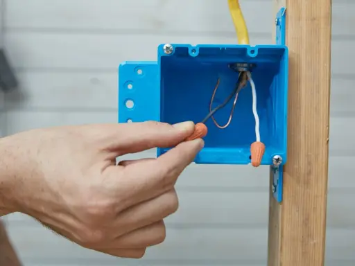 Main tenant utilise un connecteur pour condamner une prise électrique. Les fils électriques sont visibles dans la boîte bleue.