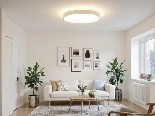 Salon moderne avec un canapé blanc, des plantes vertes et un éclairage doux d'une **led plate** au plafond.