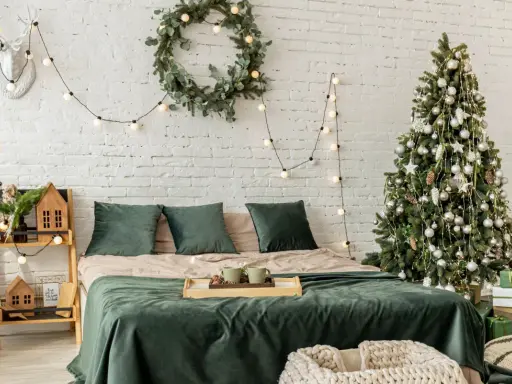 Décoration de chambre festive : comment accrocher guirlande lumineuse au mur, avec sapin, couronne et bois de cerf.