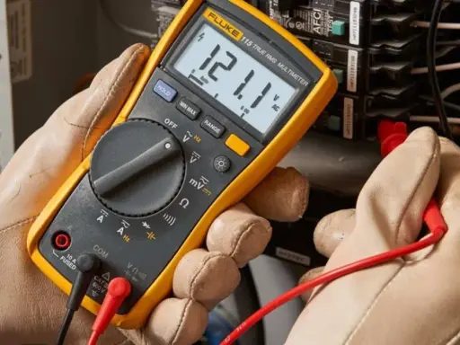 Un électricien utilise un multimètre pour mesurer la tension. Il cherche à comment reconnaître la phase du neutre en testant les fils d'un panneau électrique.