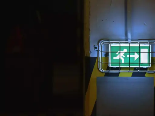 Panneau de sortie de secours vert lumineux, indiquant la direction à suivre. Le **baes signification** est claire : sécurité et évacuation.