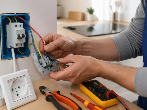 Un électricien connecte un section cable plaque induction. Outils et prises à proximité.