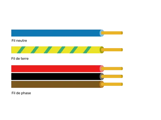 Fils électriques de différentes couleurs : bleu, jaune à rayures vertes, rouge et marron. Le fil noir n'est pas visible, mais il est essentiel pour l'électricité.