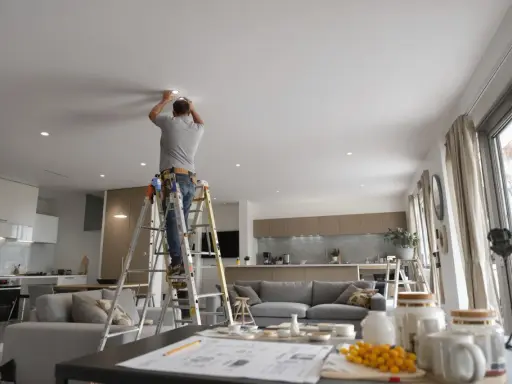 Un homme sur une échelle installe un spot dimmable au plafond d'un salon moderne.