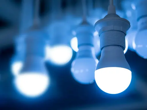 Plusieurs ampoules LED modernes, dont les 4 types d'ampoules, brillent d'une lumière bleue froide.