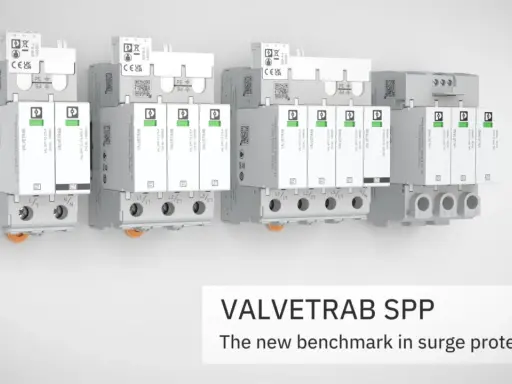 Ensemble de parafoudres VALVETRAB SPP de Phoenix Contact, conçus pour la protection contre les surtensions. Le **contact sec** est intégré pour une signalisation d'état.