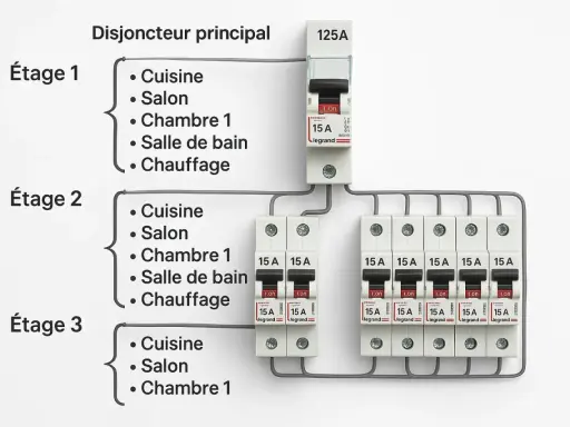 Schéma électrique montrant un disjoncteur principal 125A alimentant plusieurs disjoncteurs 15A pour chaque étage, protégeant chaque prise électrique.