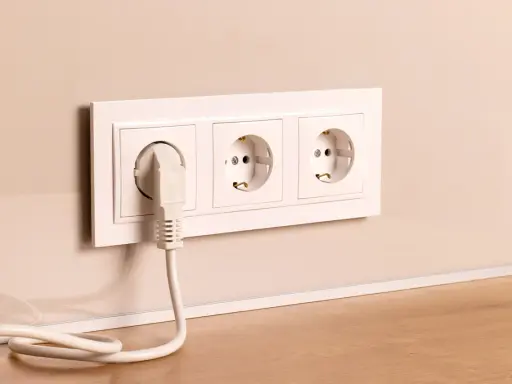 Prise électrique blanche avec un câble branché, installée à la hauteur du plan de travail.