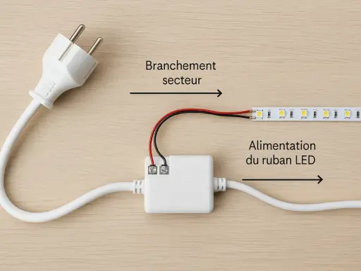 Comment brancher des LED sans prise : un adaptateur blanc relie un câble secteur à un ruban LED.