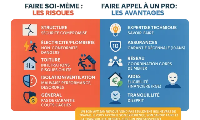 Comparaison des risques du bricolage (électricité, toiture, isolation) et des avantages de faire appel à un professionnel pour votre plan électrique maison.