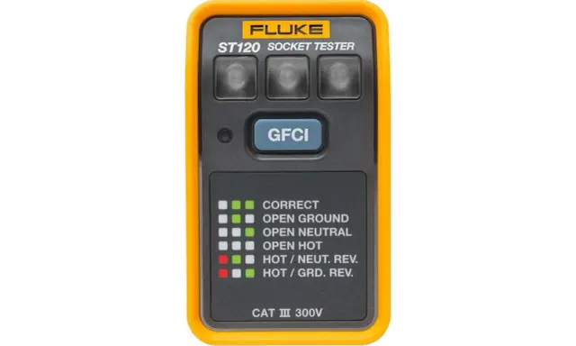 Testeur de prise Fluke ST120 pour savoir comment tester une prise électrique. Indique les défauts : terre ouverte, neutre ouvert, etc.