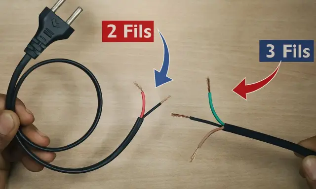 Câble électrique avec prise, comparant un branchement interrupteur 2 fils et un 3 fils avec terre.