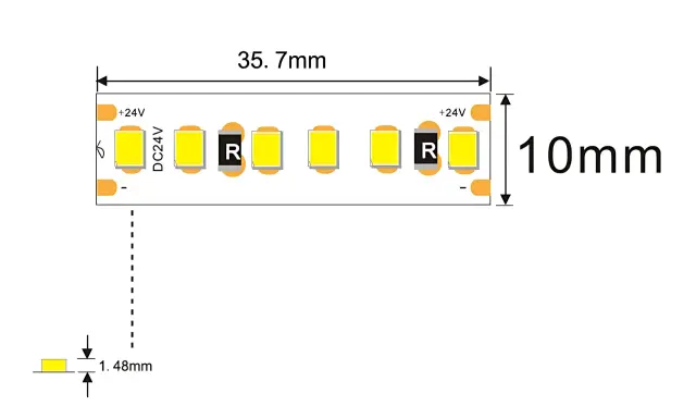 Schéma technique d'une bande LED montrant sa longueur de 35,7 mm et sa largeur de 10 mm, avec une épaisseur de 1,48 mm.