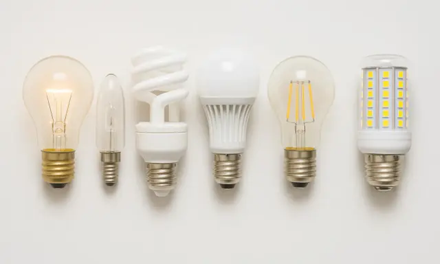 Six ampoules de différents types, dont une ampoule dimmable sur interrupteur normal, alignées sur fond blanc.