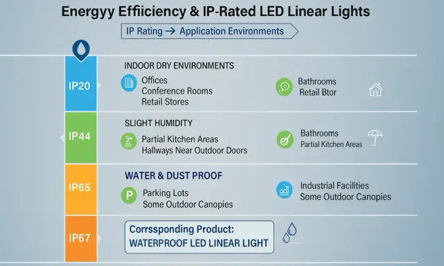 Tableau comparatif des ampoules LED linéaires : l'ampoule IP20 est idéale pour les environnements secs comme les bureaux.